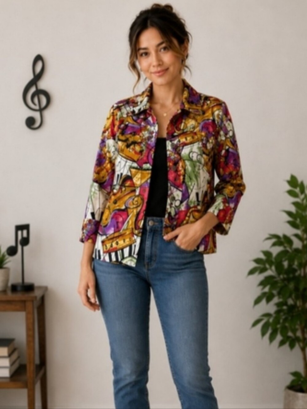 🎼 Mirror Image Music Print Jacket • Size Medium • Wearable Art Statement Piece